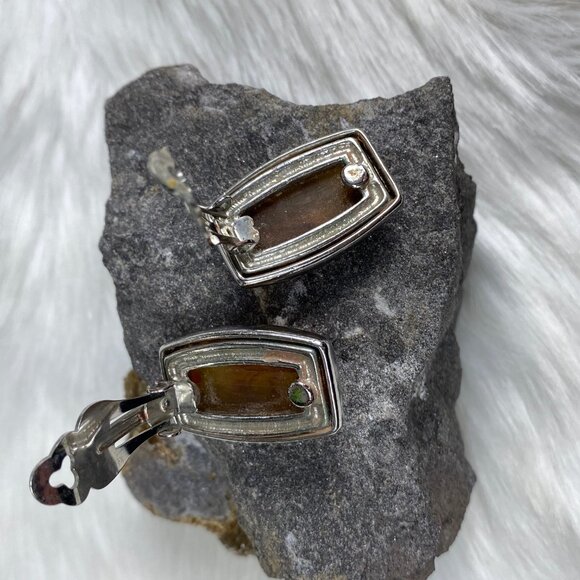Vintage Faux Amber Silver Tone Rectangle Clip-on Earrings 1.25" X .75" - Picture 6 of 8
